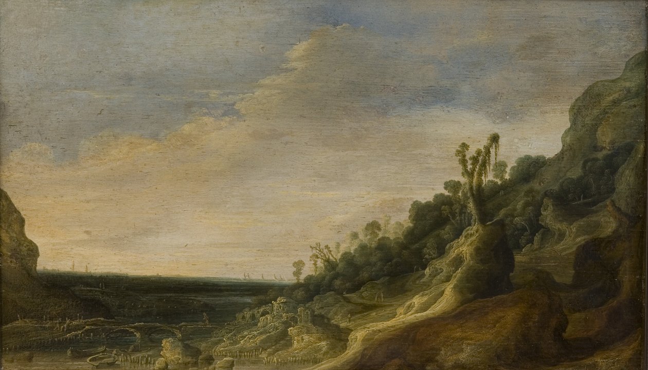 Berglandschap met uitzicht op een rivier en de zee door Jacob van Geel