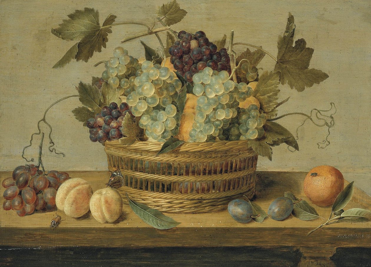 Nectarines en druiven in een mand op een tafel, met pruimen, sinaasappels, een vlinder en een kever door Jacob van Hulsdonck