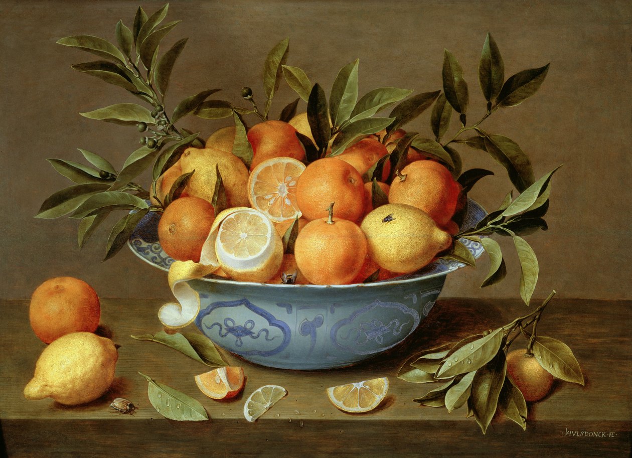 Stilleven met Sinaasappels en Citroenen in een Wan-Li Porseleinen Schotel door Jacob van Hulsdonck