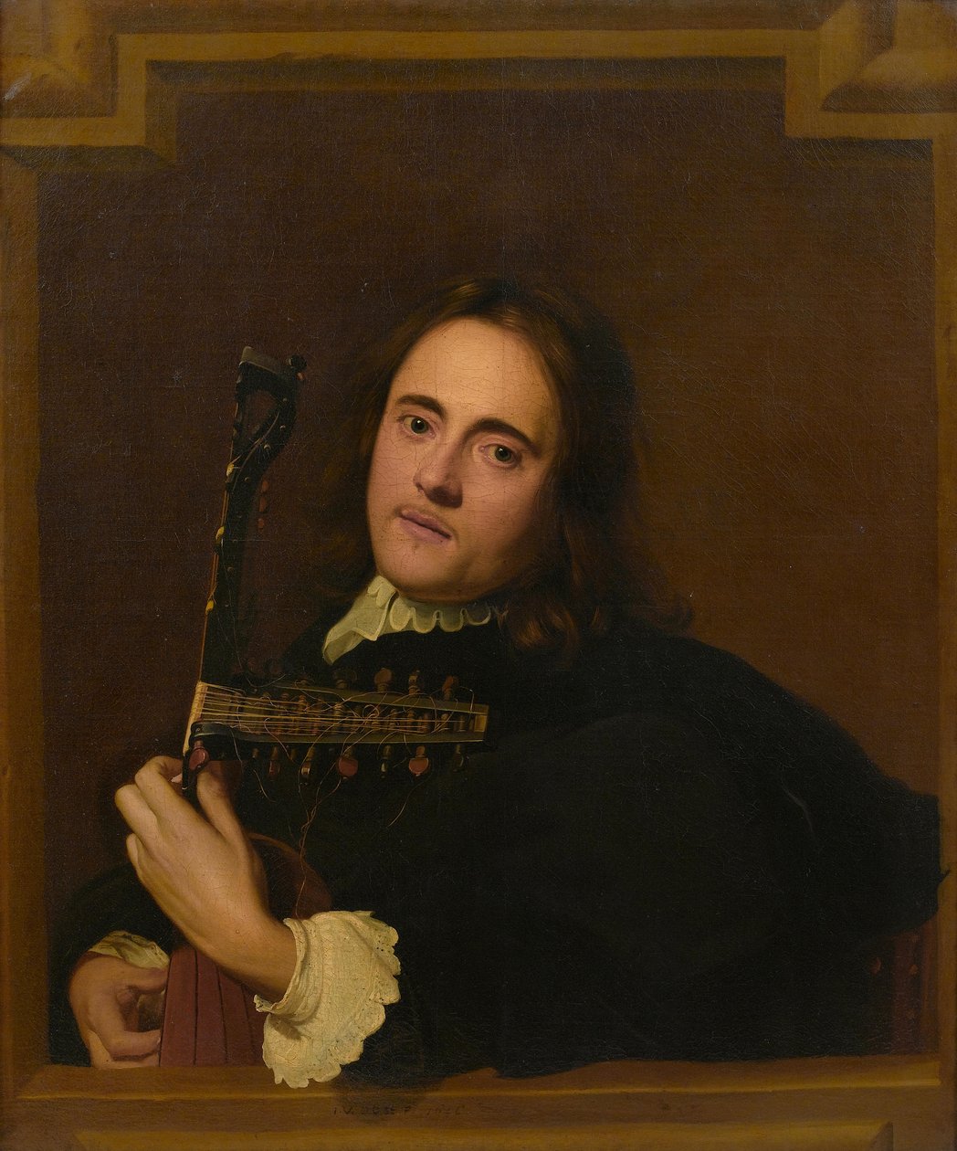 Een jonge man bij een stenen raam die een theorbe speelt door Jacob van Oost