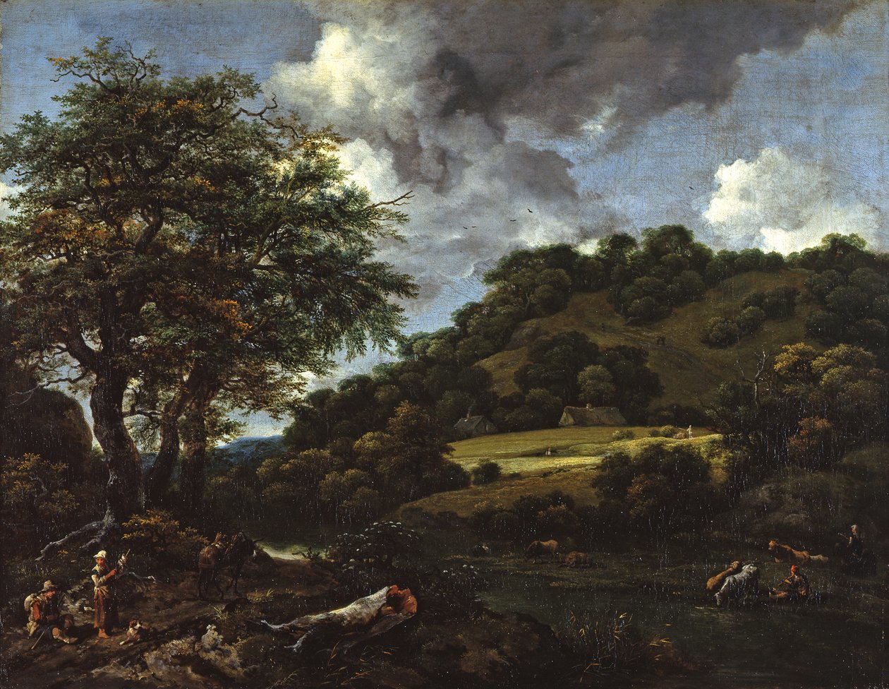 Een heuvelachtig landschap met hoge eiken door Jacob van Ruisdael