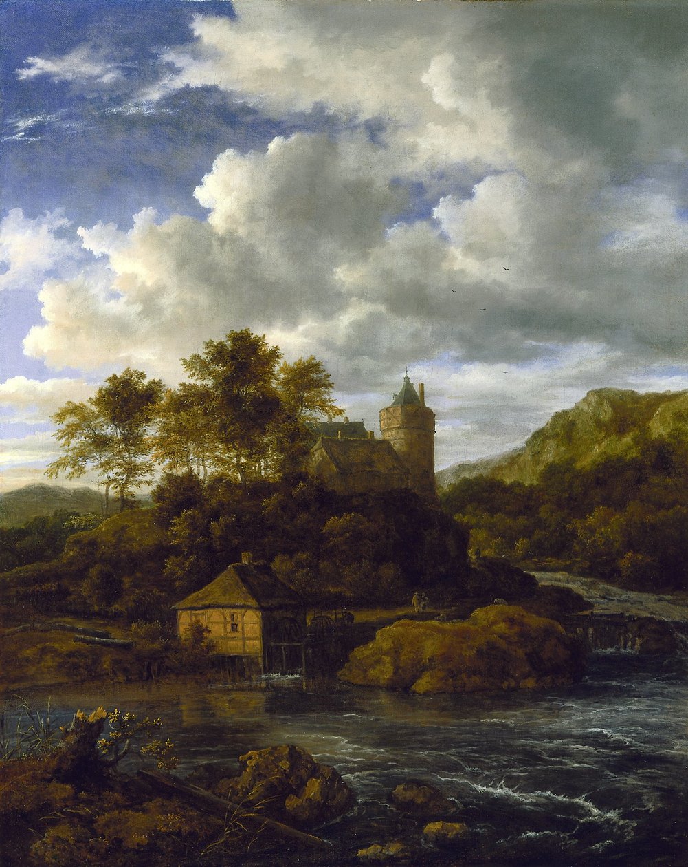 Kasteel en watermolen bij een rivier door Jacob van Ruisdael
