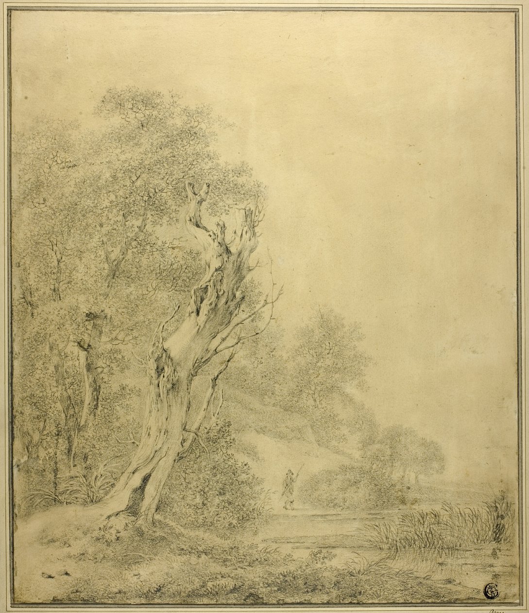 Dode boom aan waterkant, figuur nadert met paal door Jacob van Ruisdael