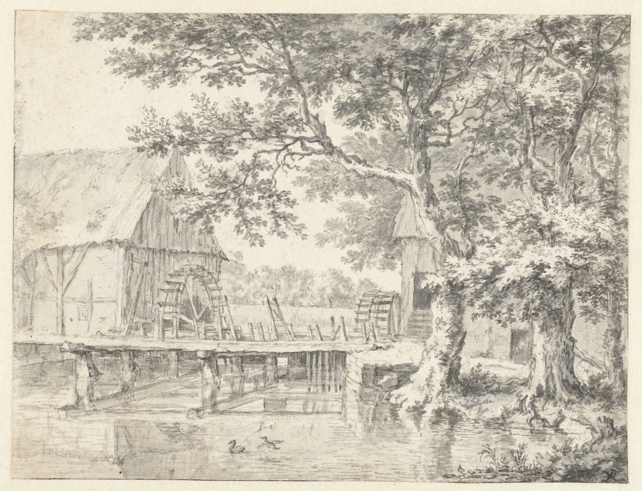 Tekening van een dubbele watermolen door Jacob van Ruisdael
