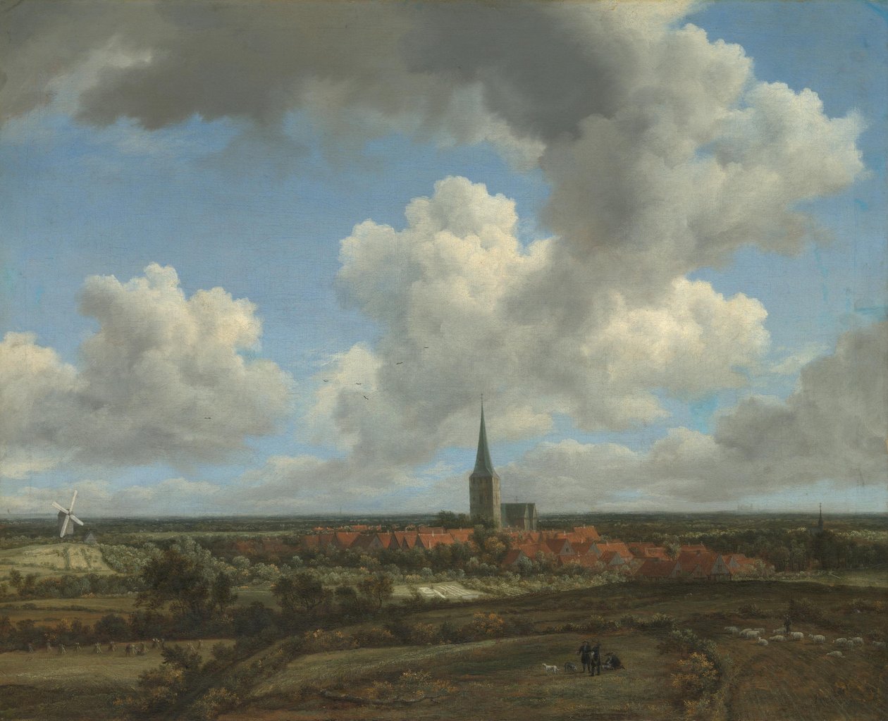 Vlak landschap met gezicht op Ootmarsum (Overijssel) door Jacob van Ruisdael