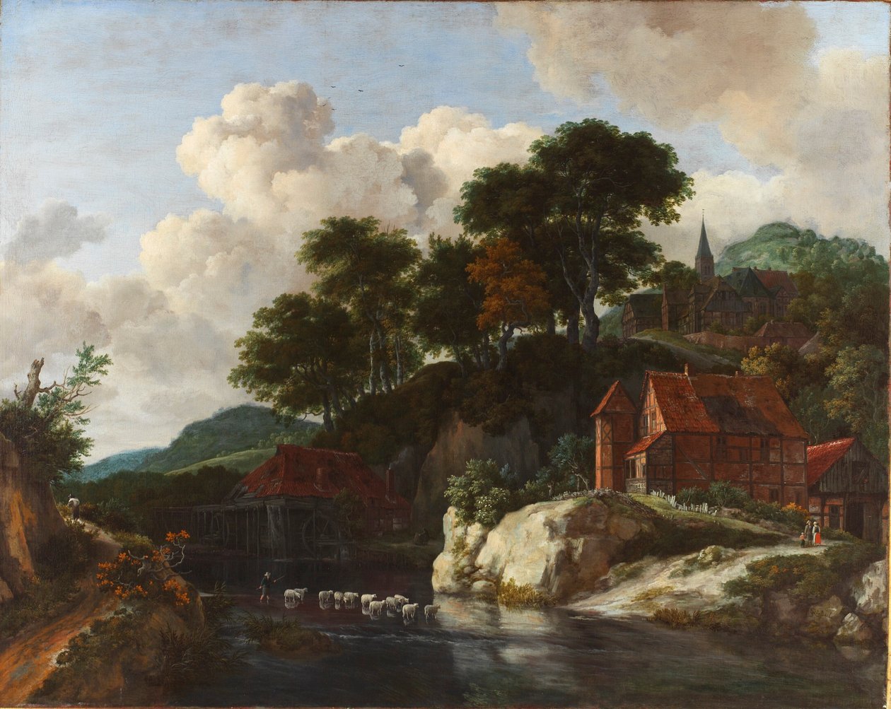 Heuvelachtig landschap met een watermolen door Jacob van Ruisdael