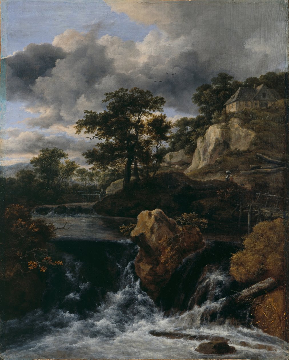 Heuvelachtig landschap met een waterval door Jacob van Ruisdael