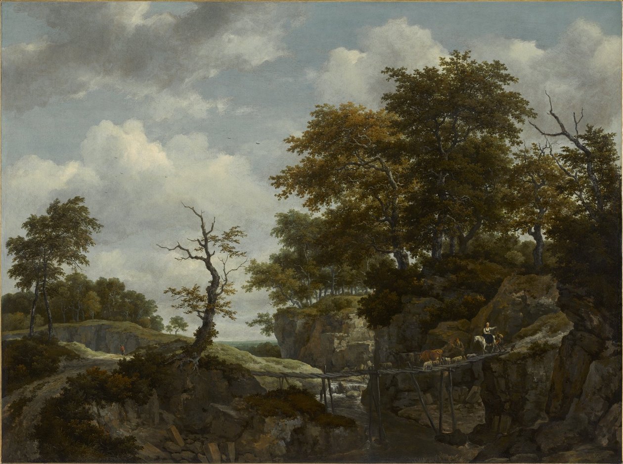 Landschap met brug, vee en figuren door Jacob van Ruisdael