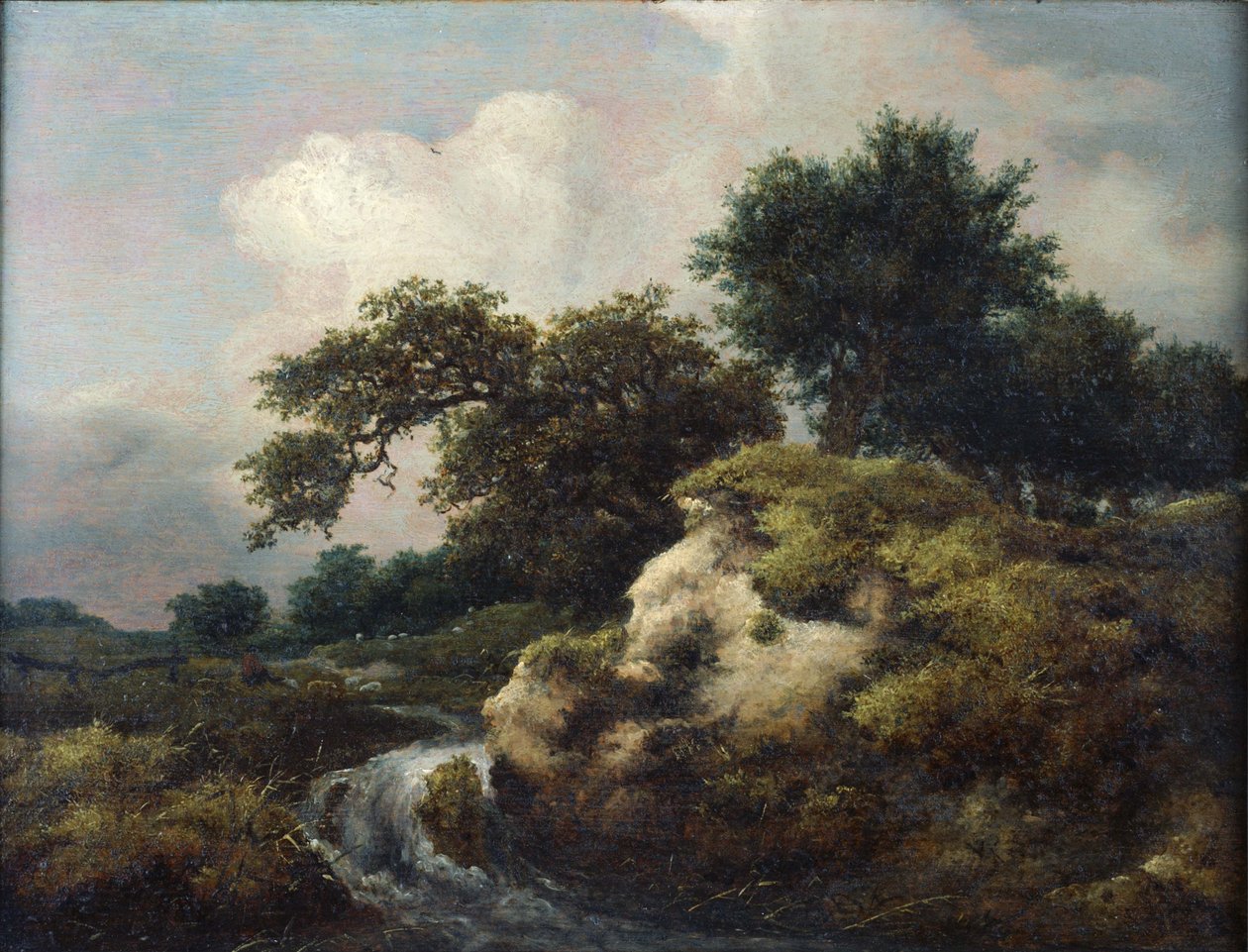 Landschap met duin en kleine waterval door Jacob van Ruisdael