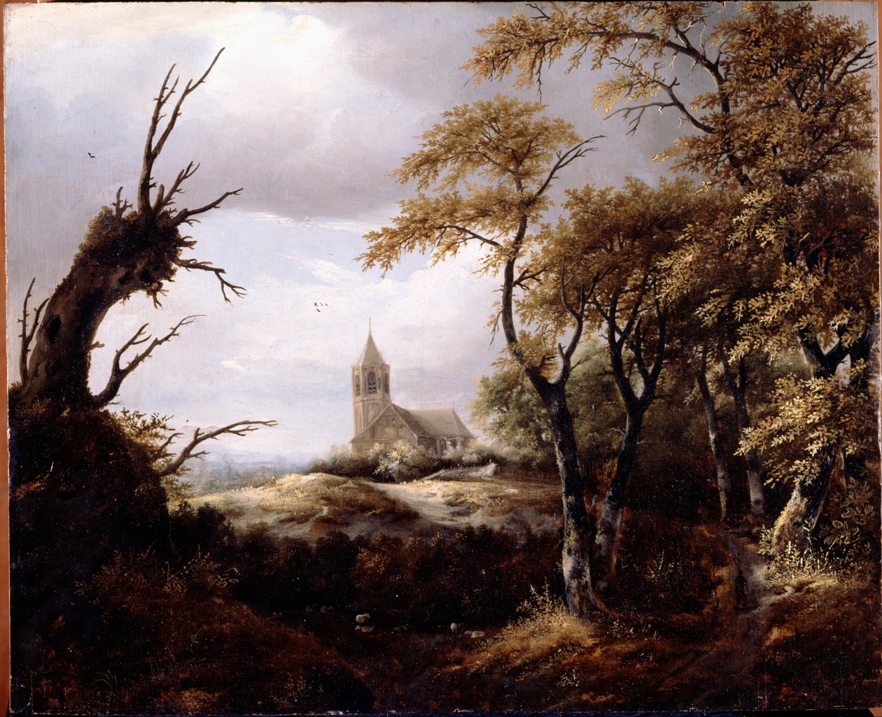 Landschap met een kerk door Jacob van Ruisdael
