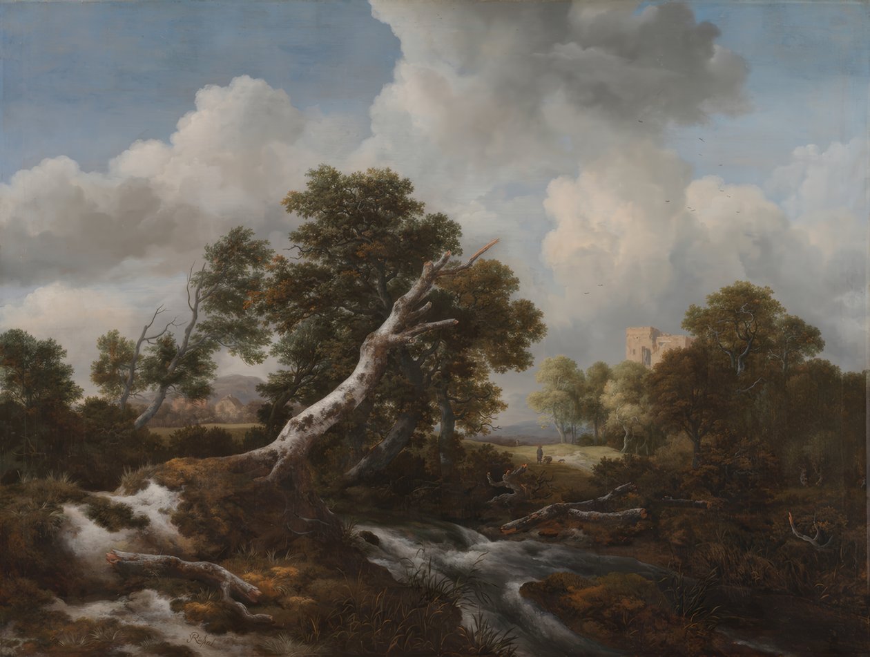 Lage waterval in een bosrijk landschap met een dode beuk door Jacob van Ruisdael