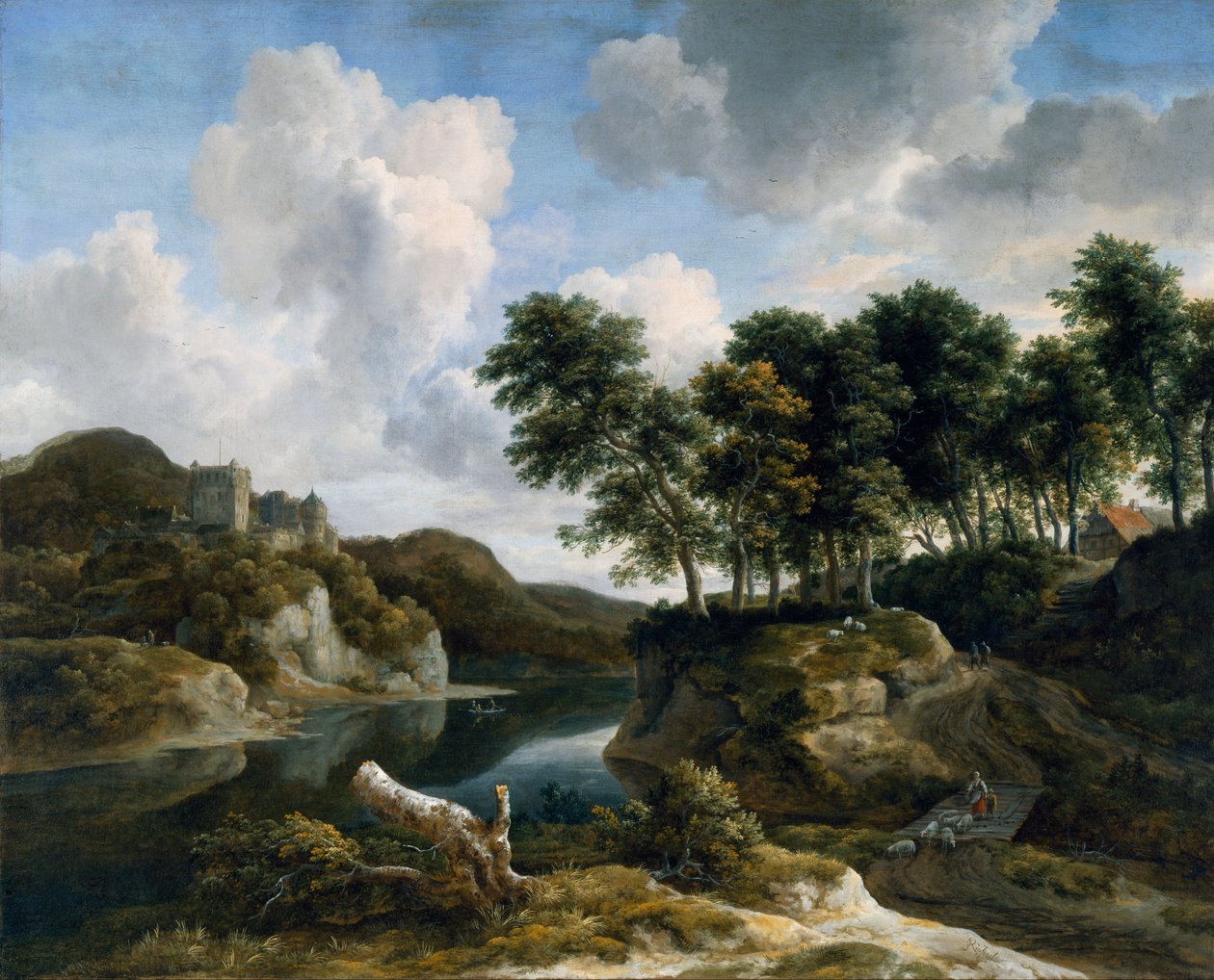 Rivierlandschap met een kasteel op een hoge klif door Jacob van Ruisdael