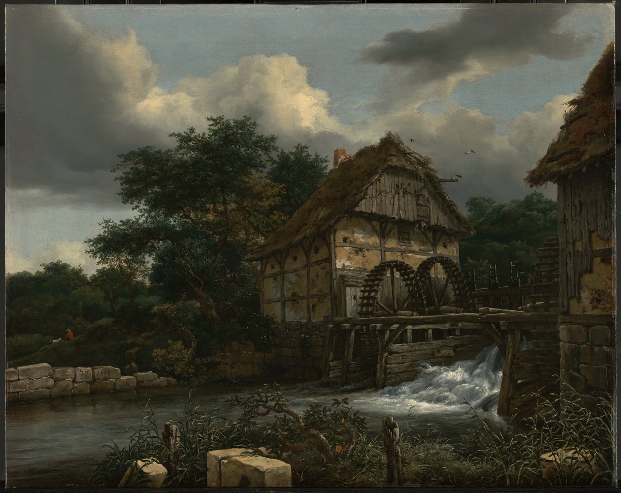 Twee watermolens en een open sluis door Jacob van Ruisdael