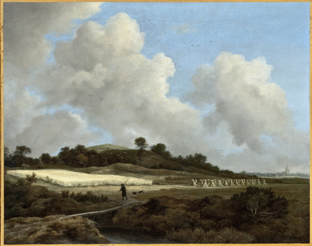 Gezicht op graanvelden met een verre stad door Jacob van Ruisdael
