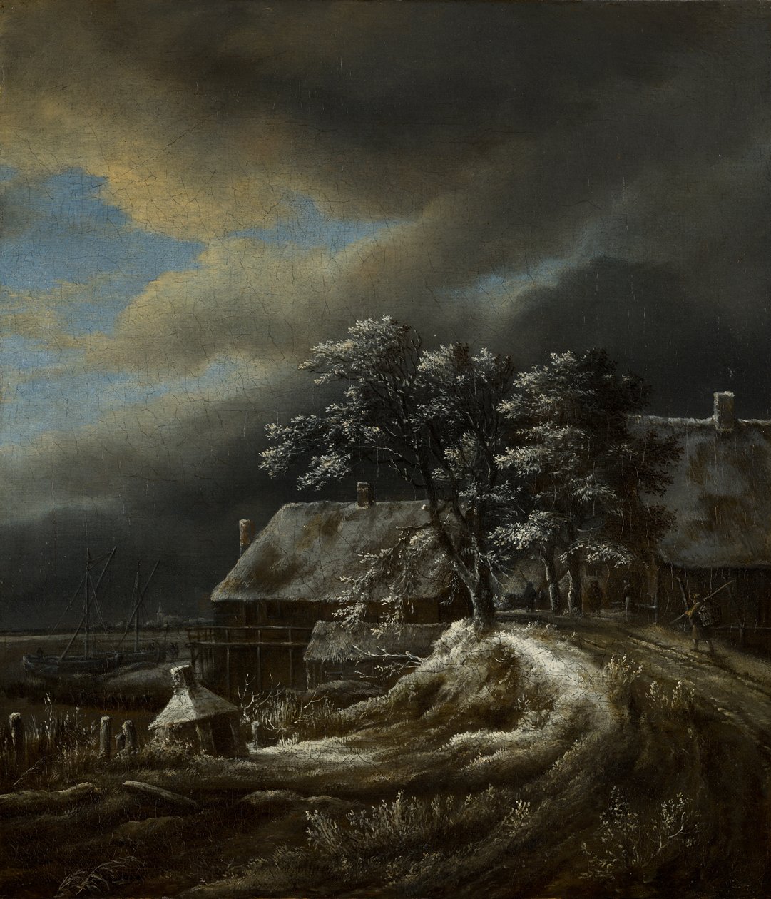 Winterlandschap met een haven door Jacob van Ruisdael