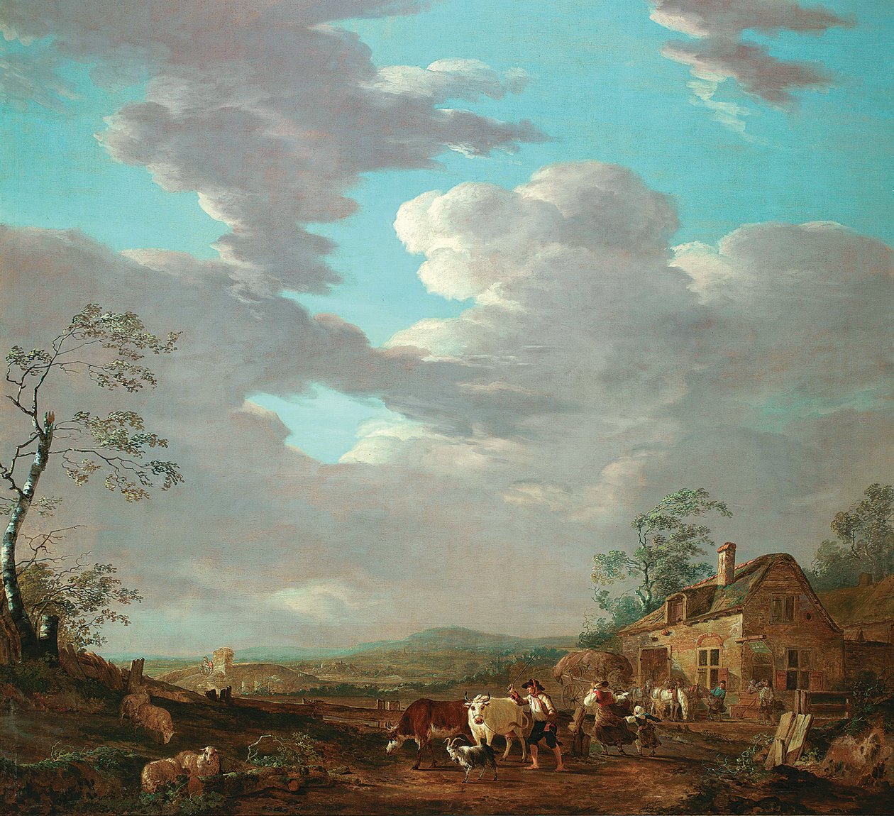 Dutch: Landschap met figuren en vee bij een herberg door Jacob van Strij
