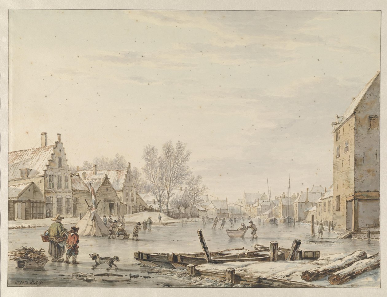Gezicht aan de stadswal te Dordrecht bij winter door Jacob van Strij