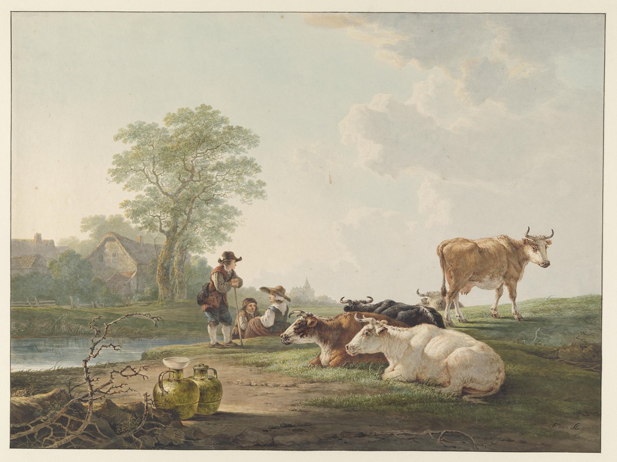 Landlieden bij rustend vee, in een Hollands landschap door Jacob van Strij
