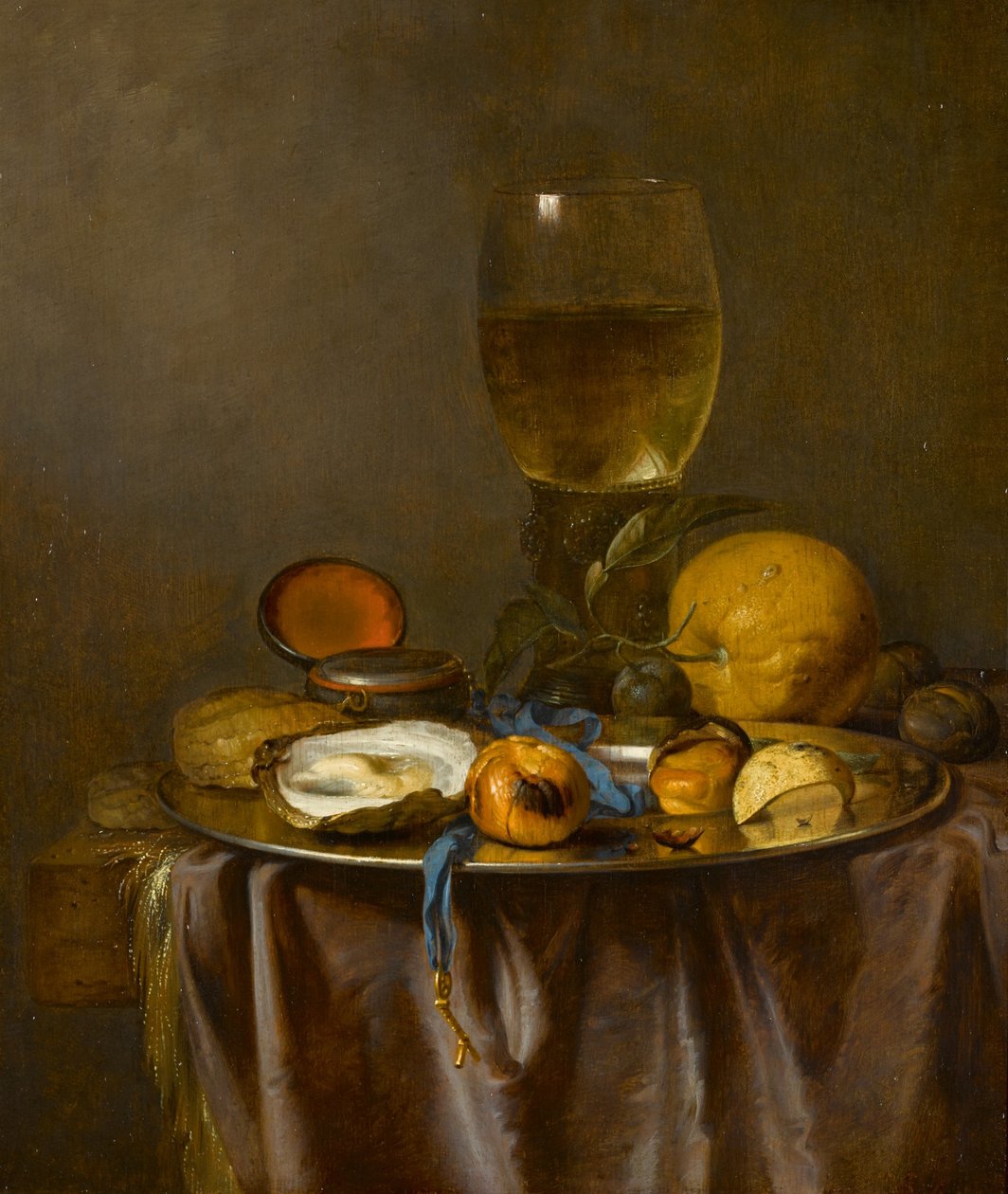 Stilleven met een roemer, uurwerk, oester en fruit door Jacob van Walscapelle