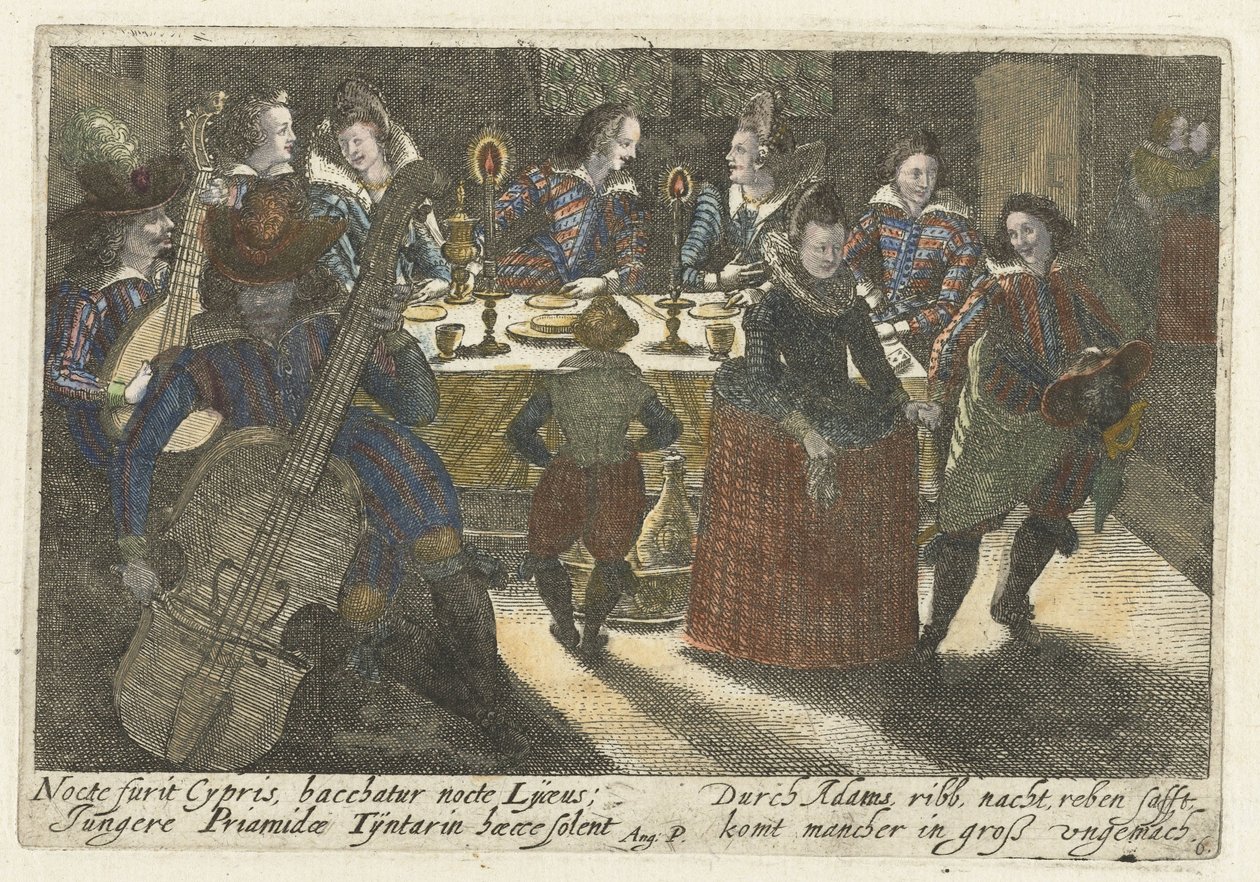 Dinerende studenten en muzikanten door Jacob van der Heyden