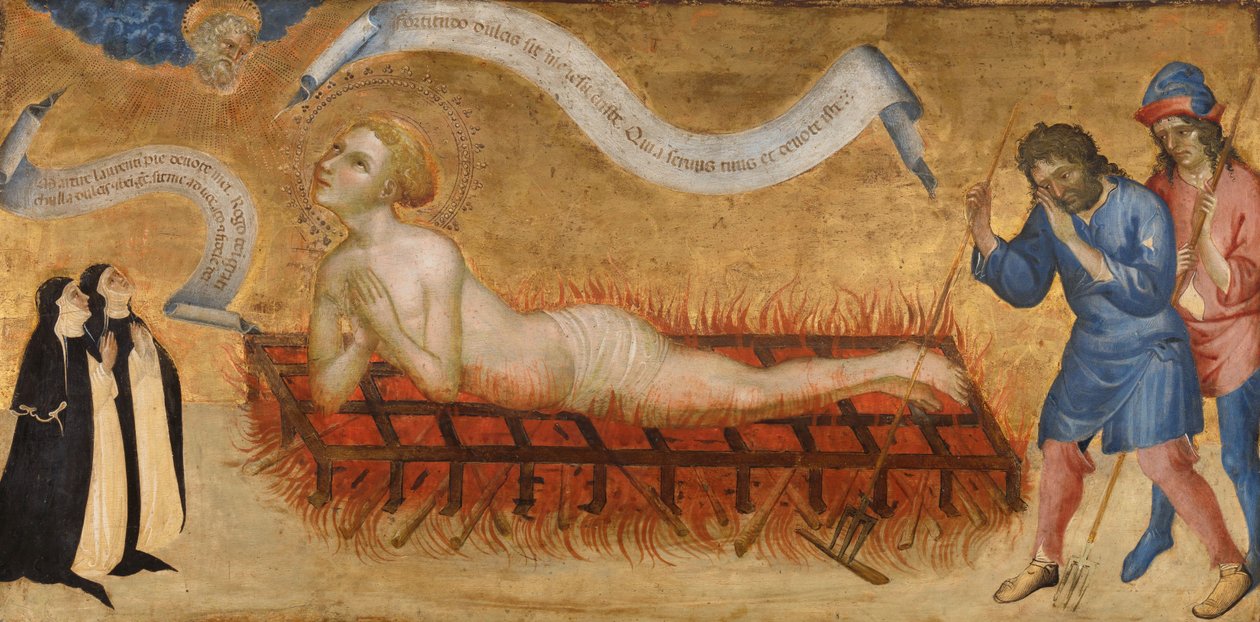 Martelaarschap van Sint Laurentius, met twee benedictijnse nonnen door Jacobello del Fiore