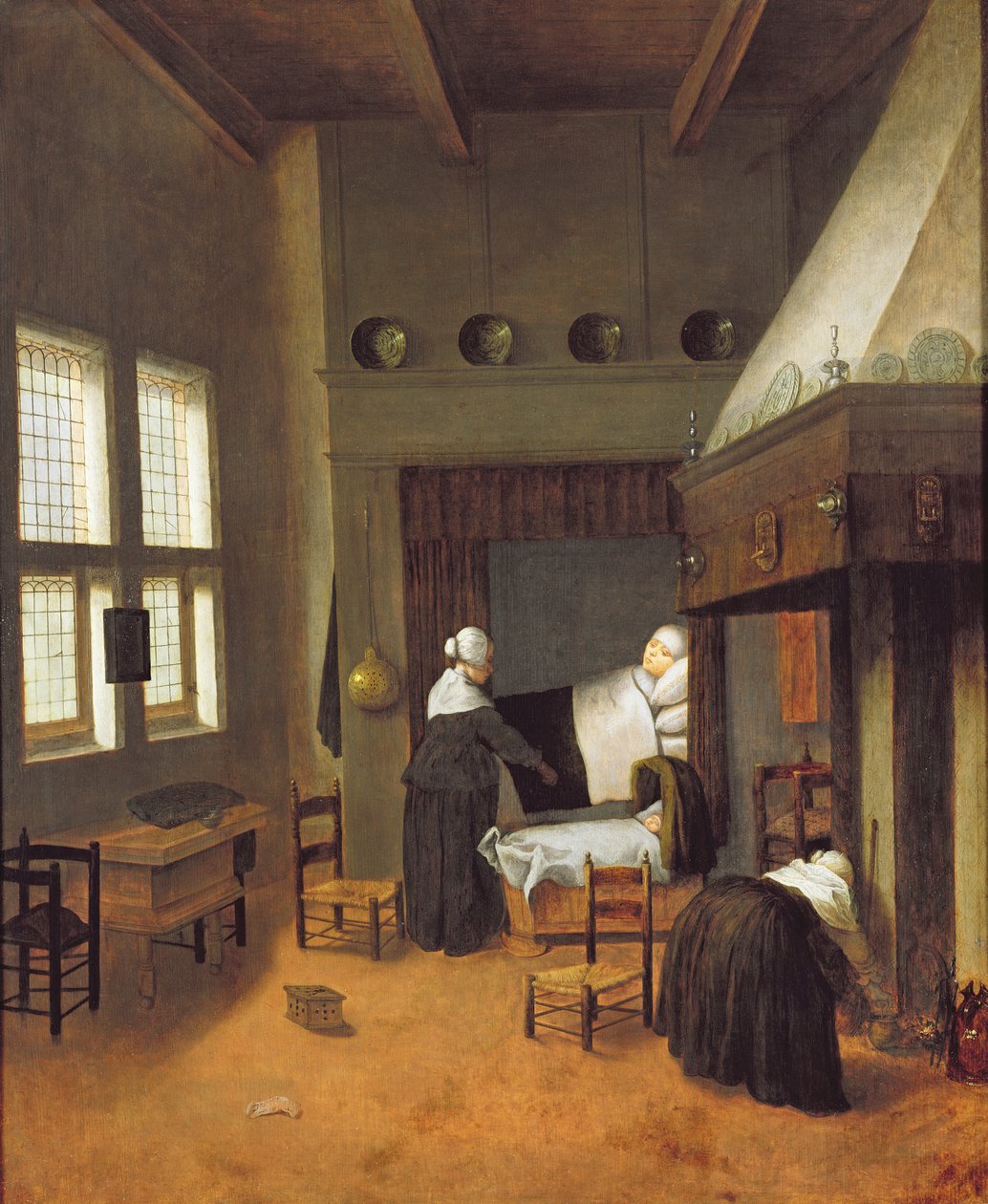 Slaapkamerinterieur met moeder en pasgeboren kind door Jacobus Vrel or Frel