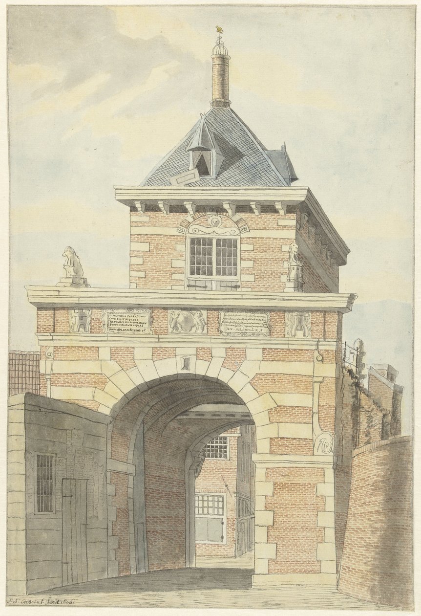 Gezicht op de oude Vriesche Poort te Alkmaar door Jacobus Andreas Crescent