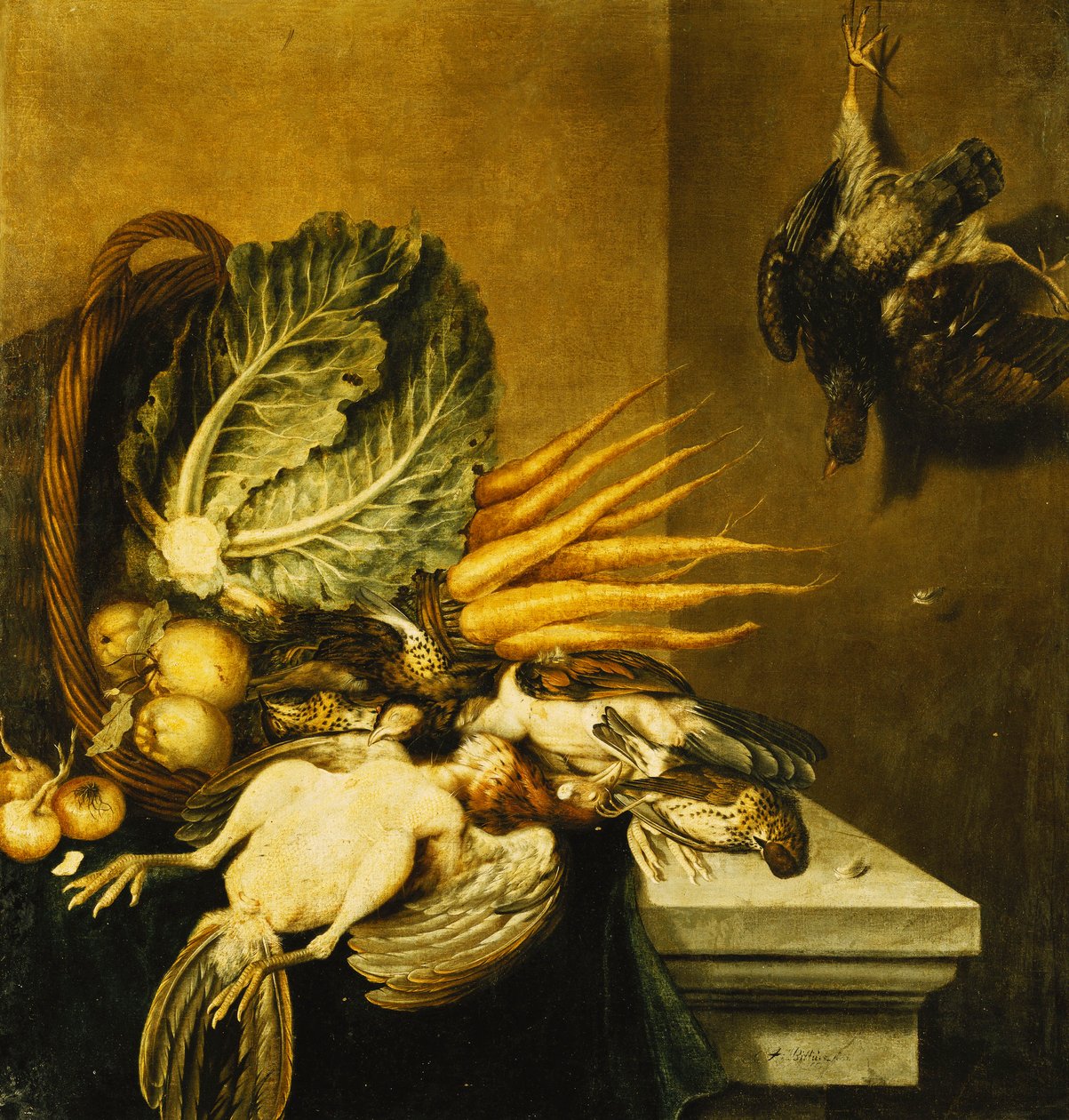 Een Omgevallen Mand met Gevogelte, Rapen, Appels, Uien en een Kool op een Rand Gedrapeerd met een Groene Doek door Jacobus Biltius