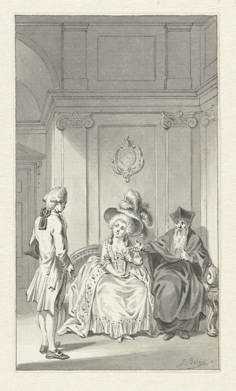 Interieur met geestelijke, dame en jongeman door Jacobus Buys