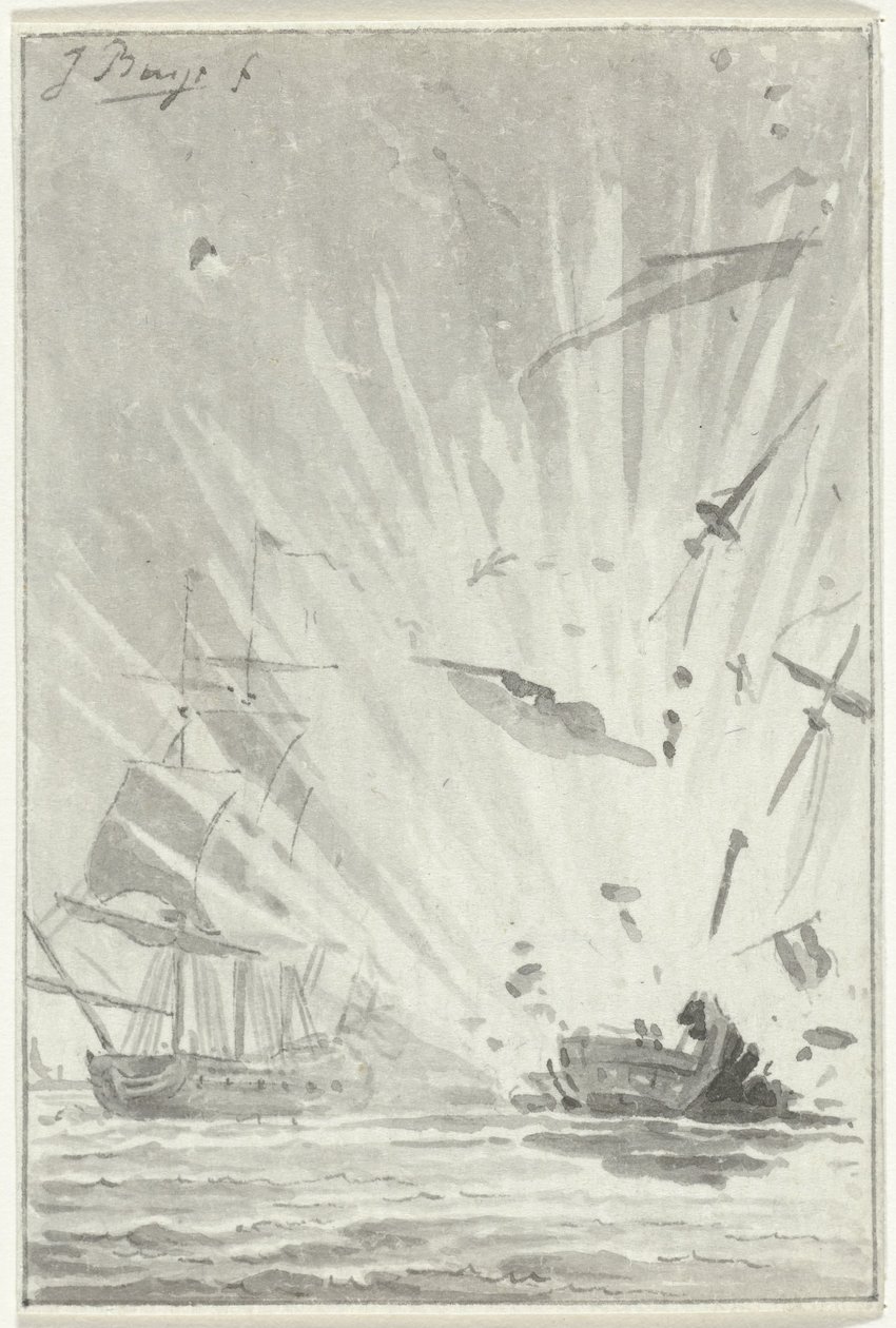 Ontploffing van het Nederlandse kaperschip De Dappere Patriot in gevecht met het Engelse schip Kameleon, 14 augustus 1781 door Jacobus Buys
