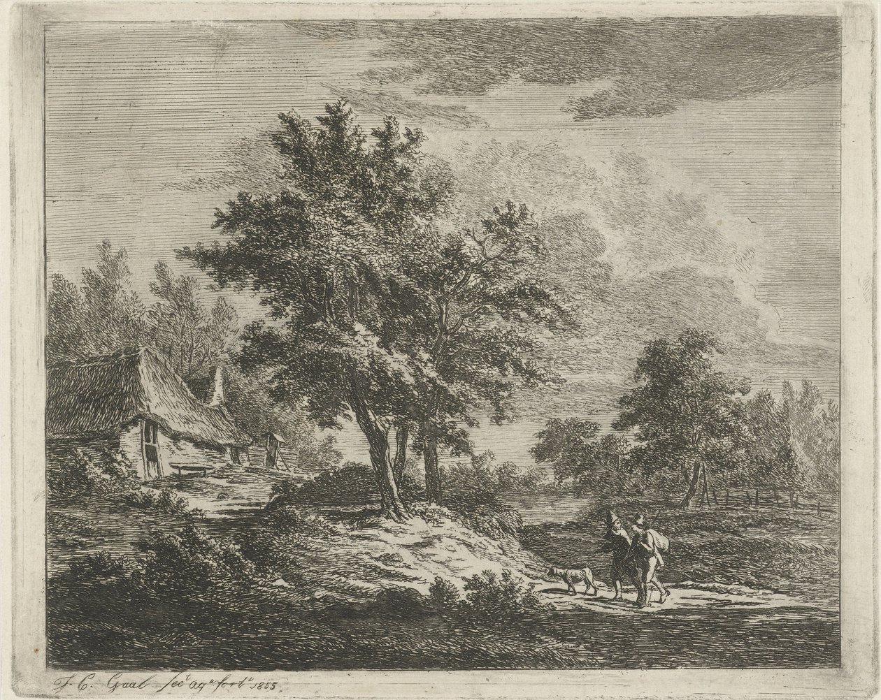 Landschap met wandelaars bij drie boomen door Jacobus Cornelis Gaal