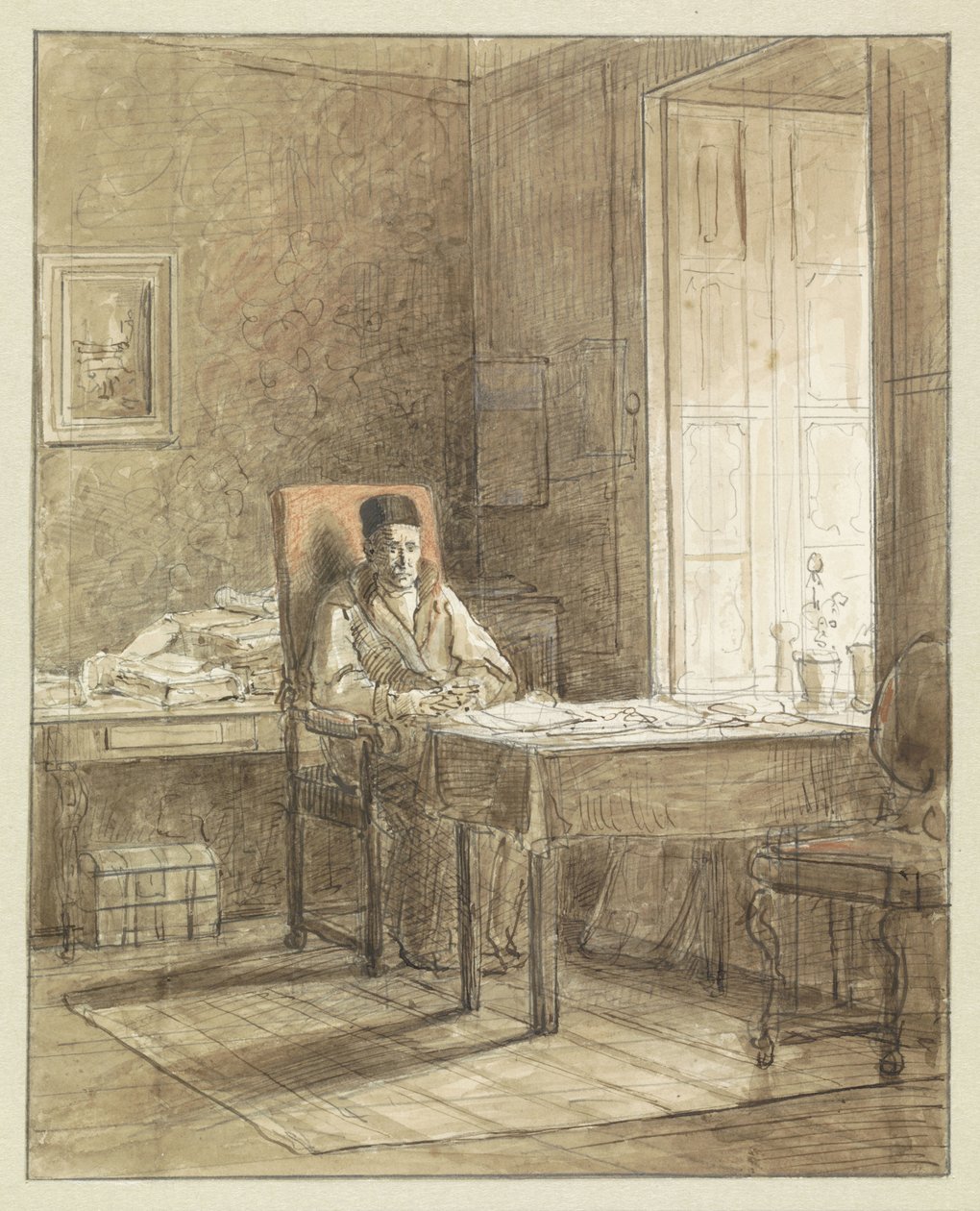 Portret van Gerrit Lamberts, zittend in een leunstoel in het Prentenkabinet door Jacobus Ludovicus Cornet