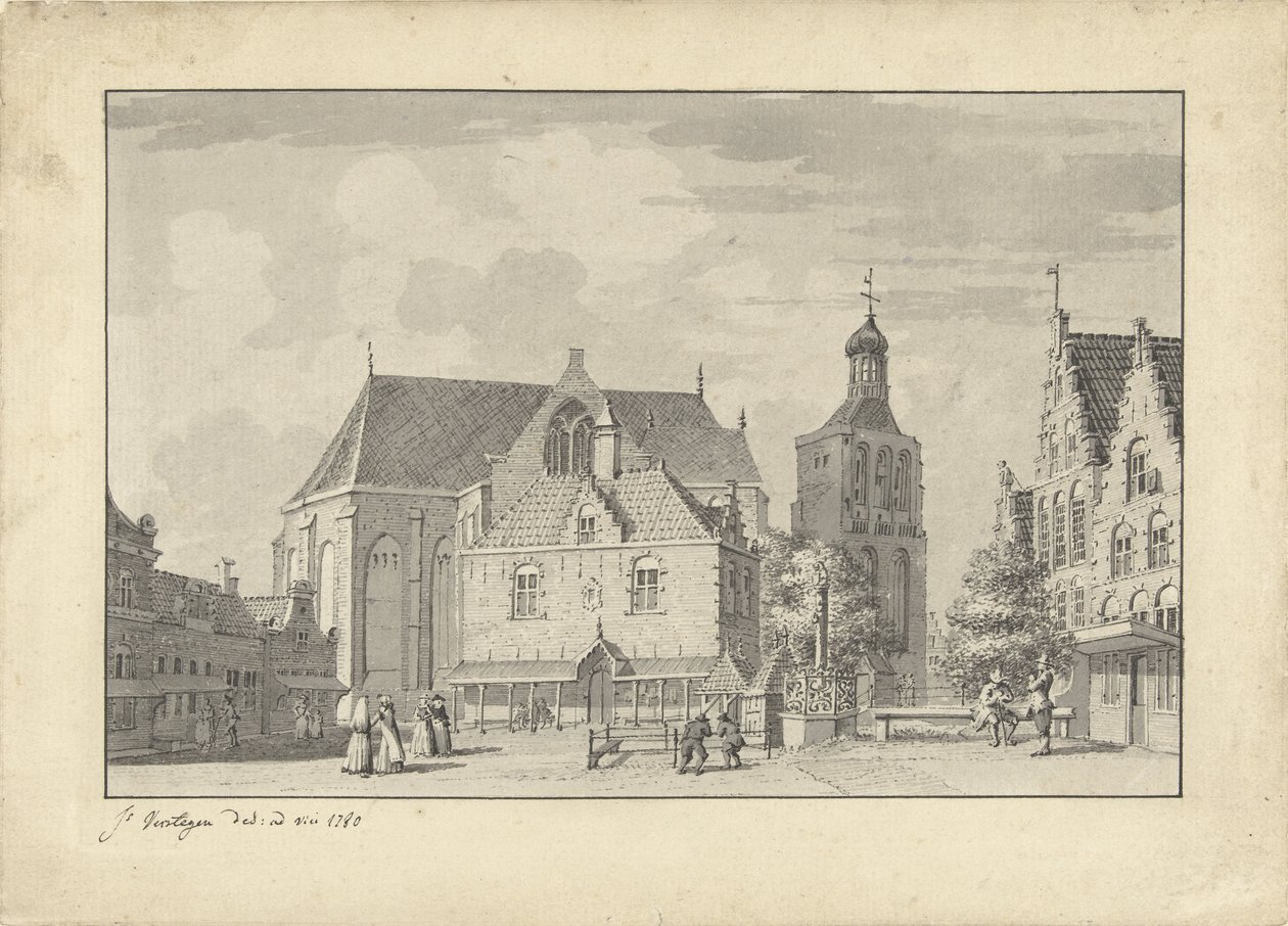 De kerk, waag en vismarkt in Workum door Jacobus Versteegen