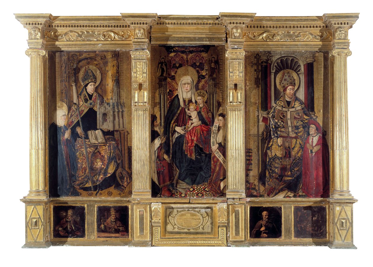 Het altaarstuk van Sint-Ildefons (overleden 667, bisschop van Toledo) en Sint-Augustinus van Hippo (ca. 354-430, Berber filosoof en schrijver). Schilderij door Jaume Baco genaamd Jacomart (1410-1461). Olie op hout, circa 1450, Renaissancekunst. Kathedraal  door Jacomart (c.1413 61) Baco