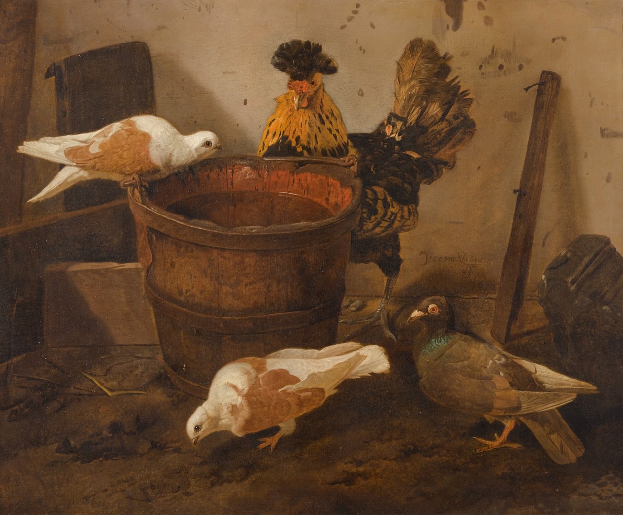 Drie duiven en een haan bij een emmer water door Jacomo Victors