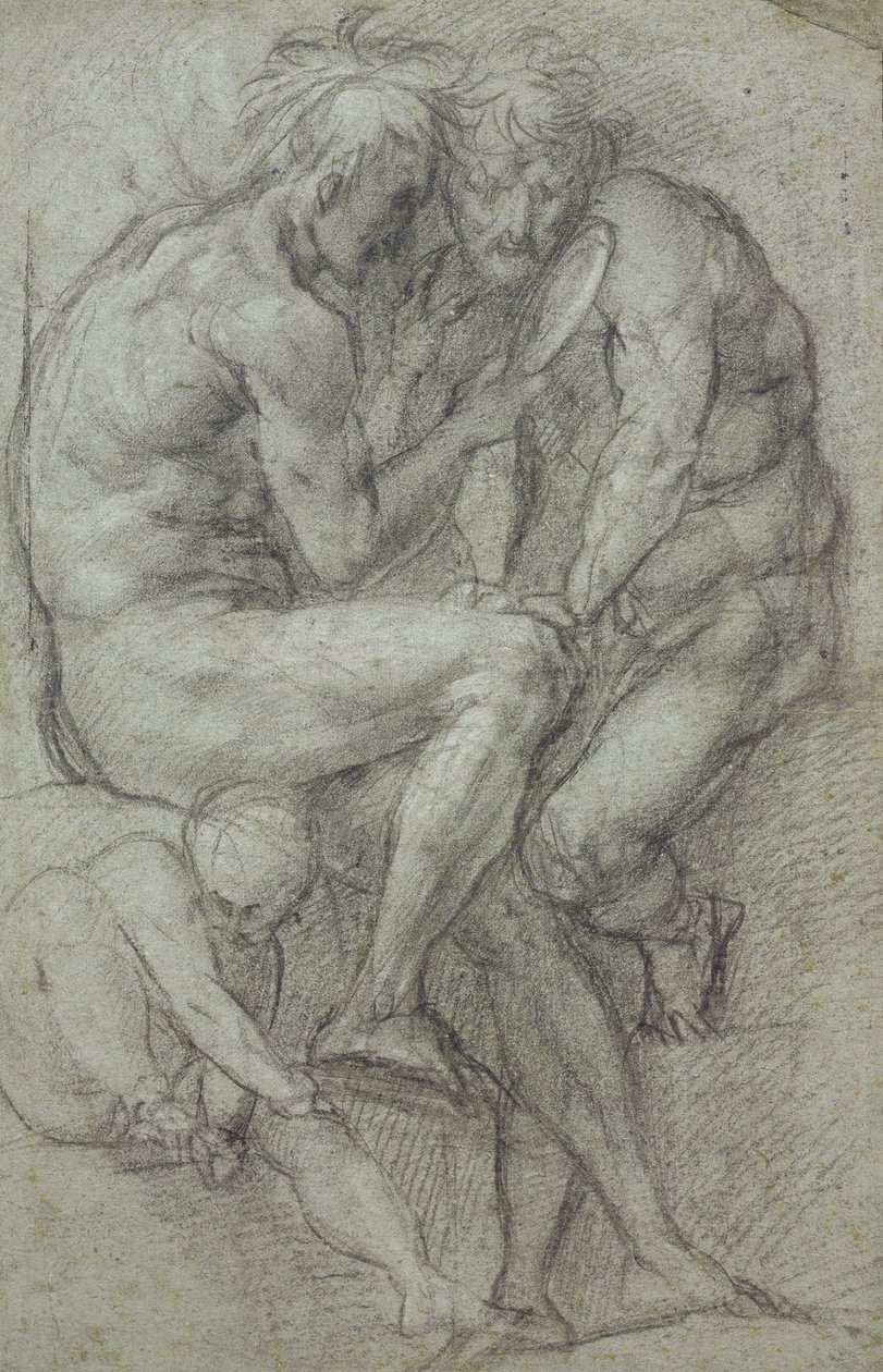 Studies van Naakten (twee mannen, zittend, kijkend in een spiegel, en een zittende jongen) door Jacopo Carucci
