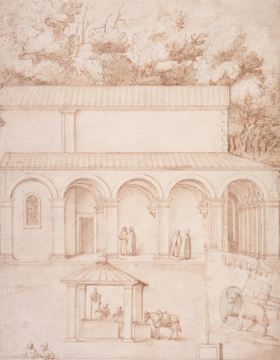 Zicht op het klooster van La Verna, de binnenplaats en de put, c.1607-12 door Jacopo Ligozzi