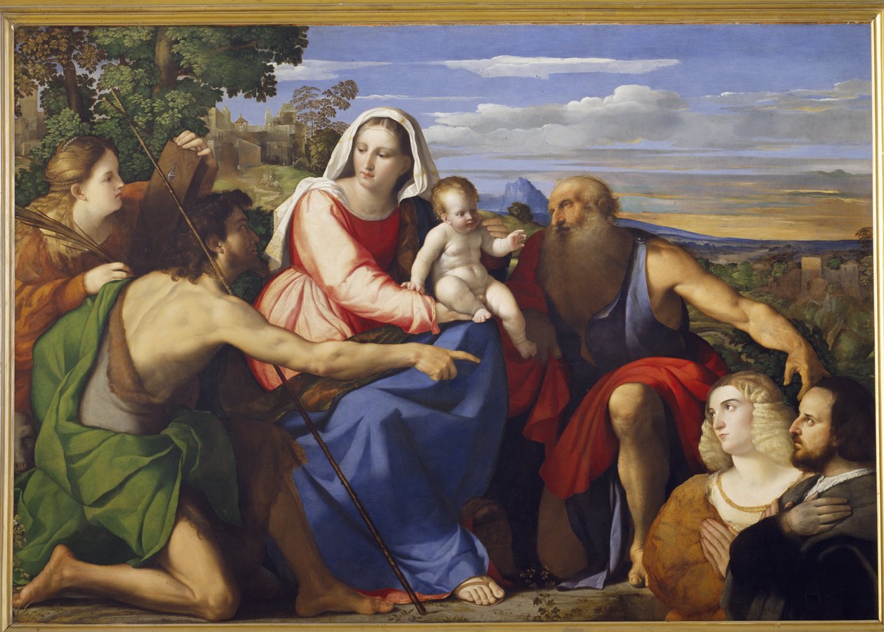 Sacra Conversazione met St. Catherine, Johannes de Doper en Twee Schenkers door Jacopo Palma