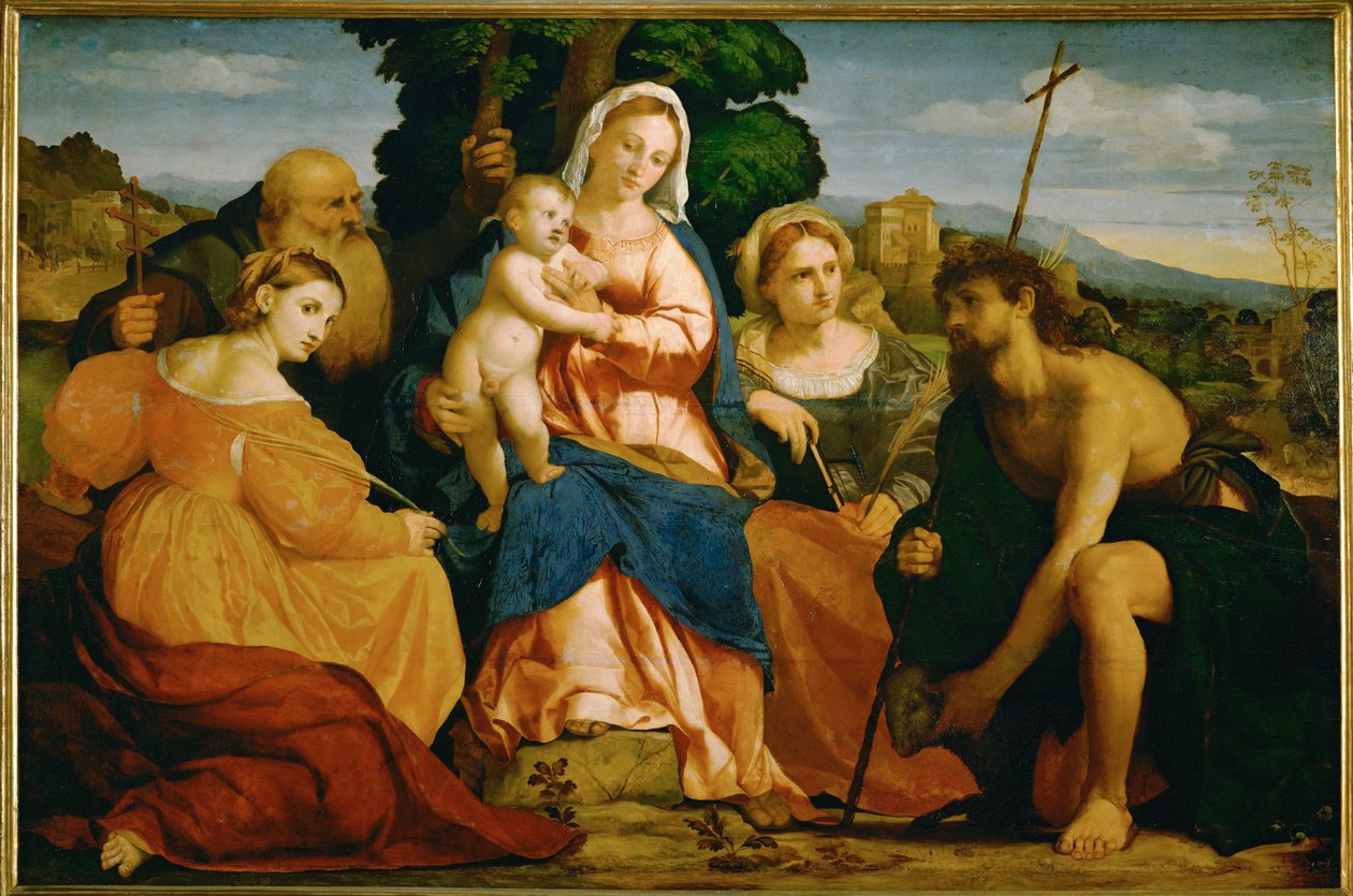De Maagd Maria met Kind en Heiligen (populierenhout) door Jacopo (c.1480-1528) Palma