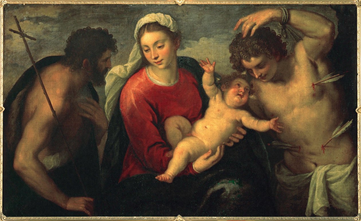 Maagd en kind met Johannes de Doper en Sint Sebastiaan ... (schilderij op doek) door Jacopo (c.1480-1528) Palma