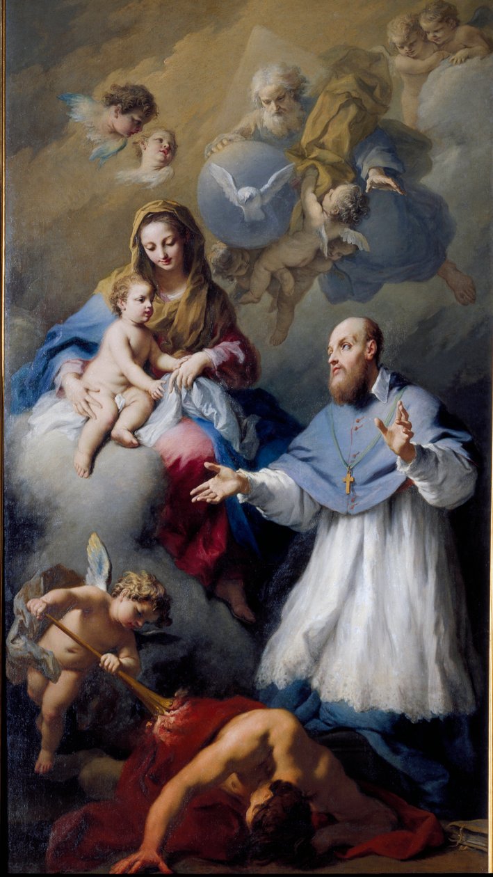 Maagd en Kind met Sint Franciscus van Sales, voorstelling van de Heilige Drie-eenheid met Jezus Christus, God en de duif van de Heilige Geest. door Jacopo Amigoni