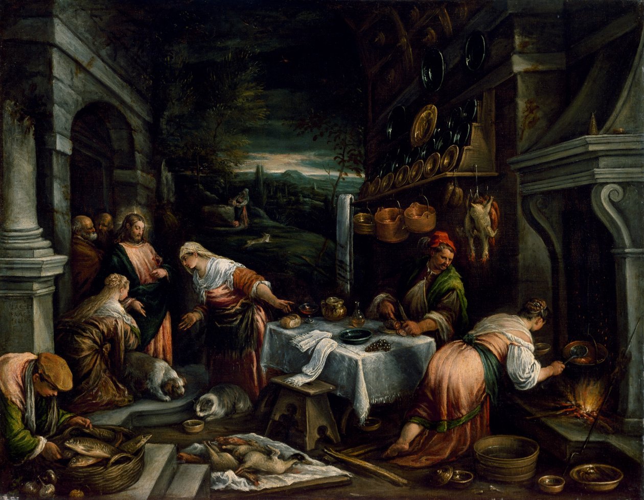 Christus in het huis van Maria, Martha en Lazarus door Jacopo Bassano
