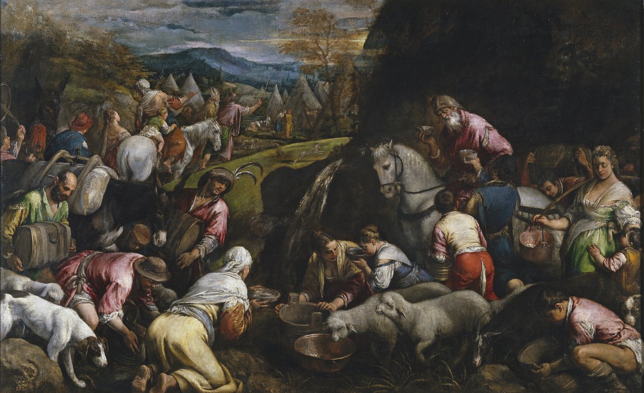 Mozes slaat water uit de rots door Jacopo Bassano il vecchio