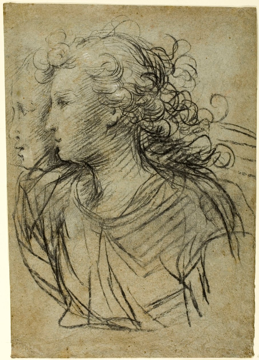 Halflang zicht van vrouw in profiel naar links (recto); Halflang zicht van figuur in driekwart profiel (verso) door Jacopo Confortini