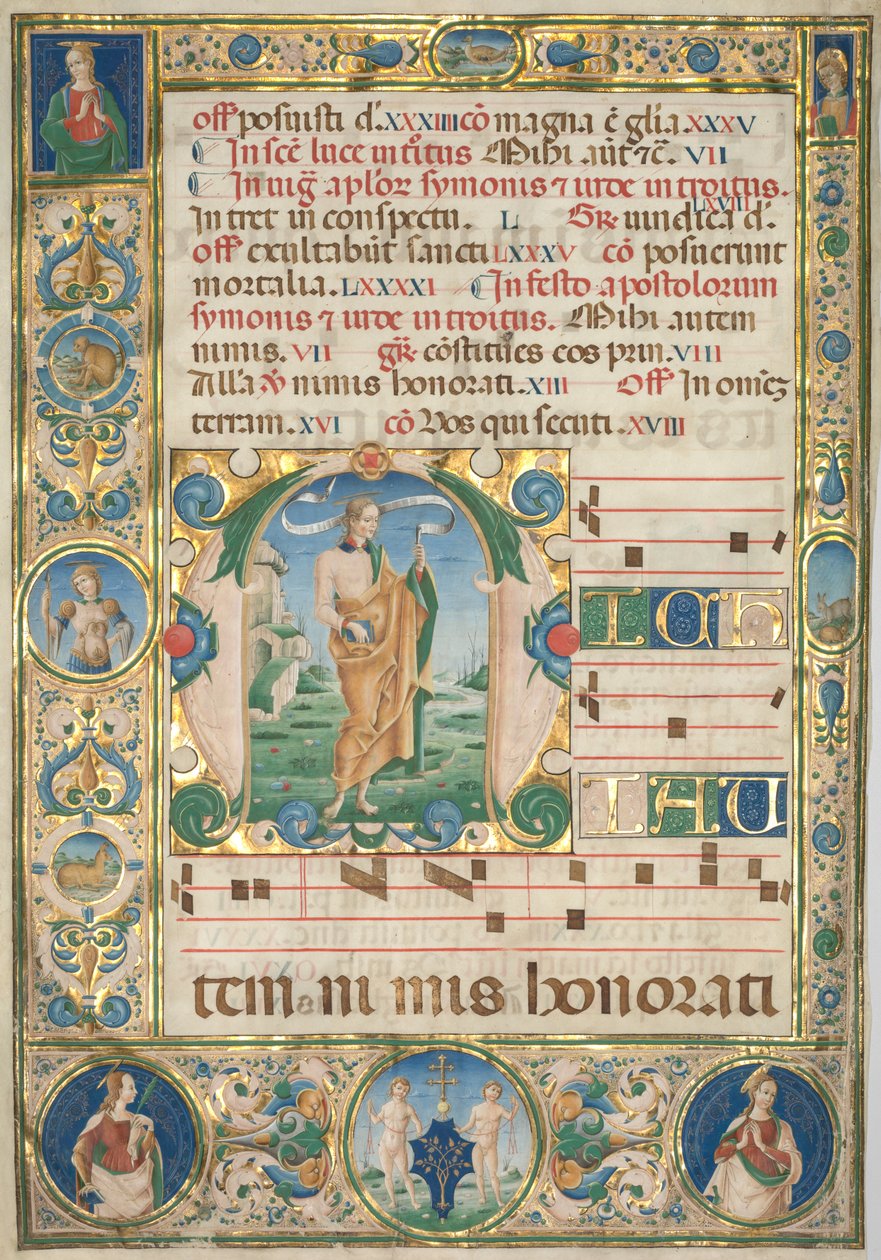 Blad uit een Graduaal: Initiaal (M) met St. Andreas (recto) door Jacopo Filippo d