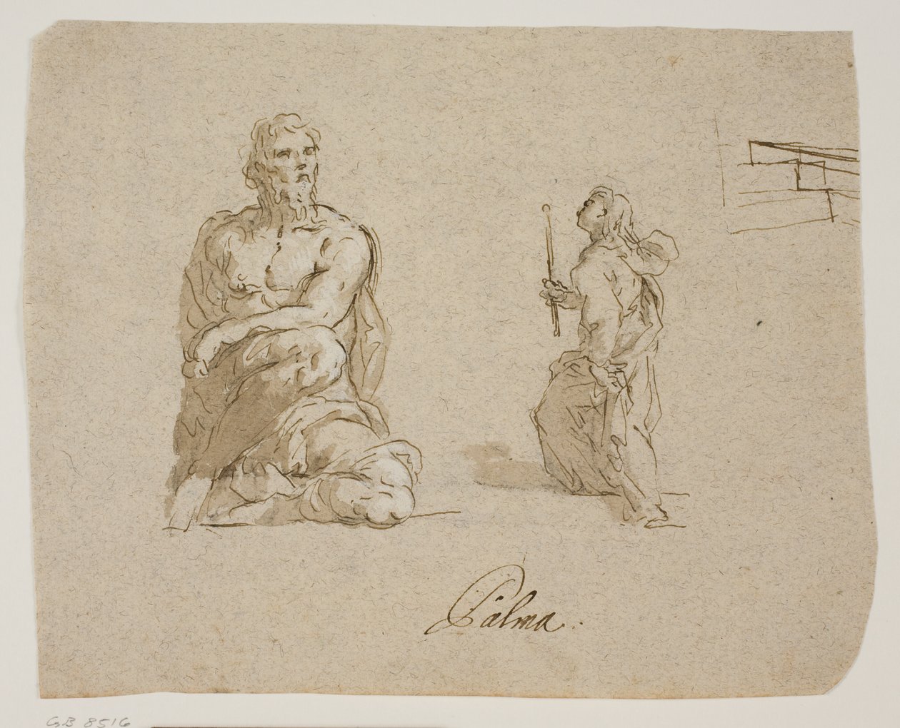 Knielende man, meisje met een kaars die trappen opgaat (de Maagd die de Tempel binnengaat), perspectiefschets voor de trappen door Jacopo Palma