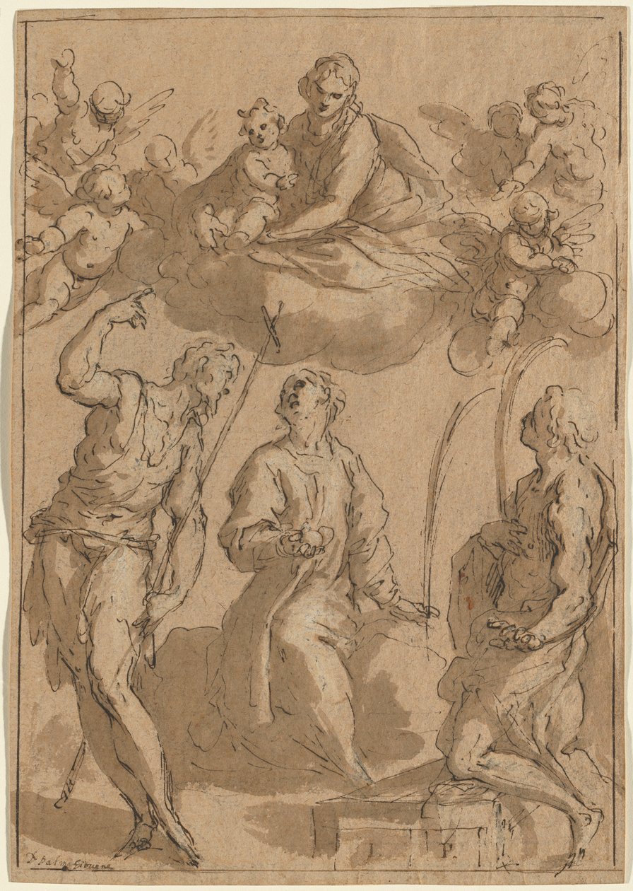 Madonna en Kind in Glorie met Heiligen Johannes de Doper, Stefanus en Laurentius door Jacopo Palma il Giovane