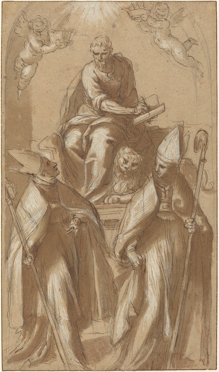 Sint Marcus met Twee Bisschoppen en Putti door Jacopo Palma il Giovane