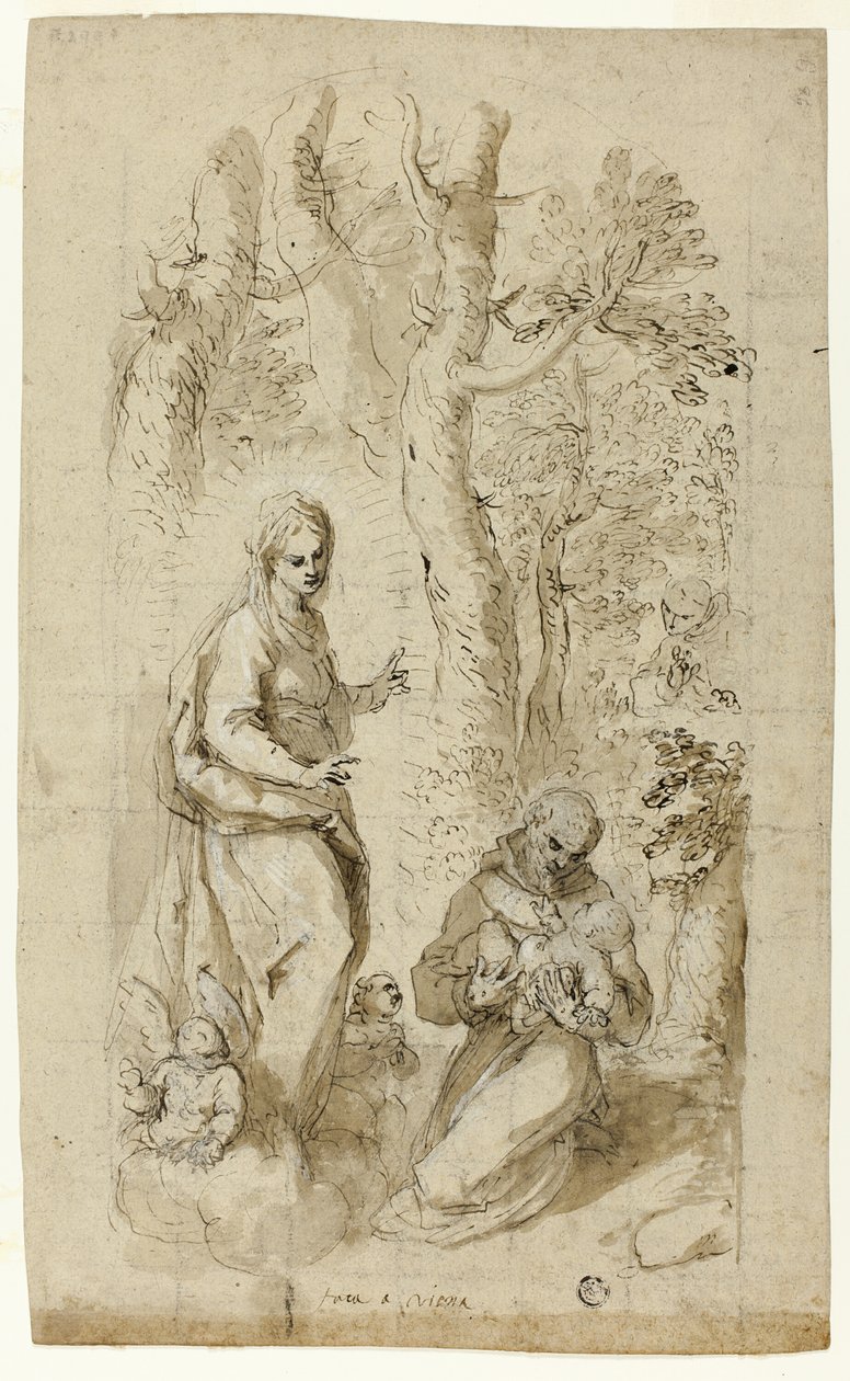 Visioen van Sint Franciscus van Assisi (recto); Sint Hiëronymus, visioen van Sint Franciscus, en twee kleine schetsen van Sint Franciscus met het Christuskind (verso) door Jacopo Palma il Giovane