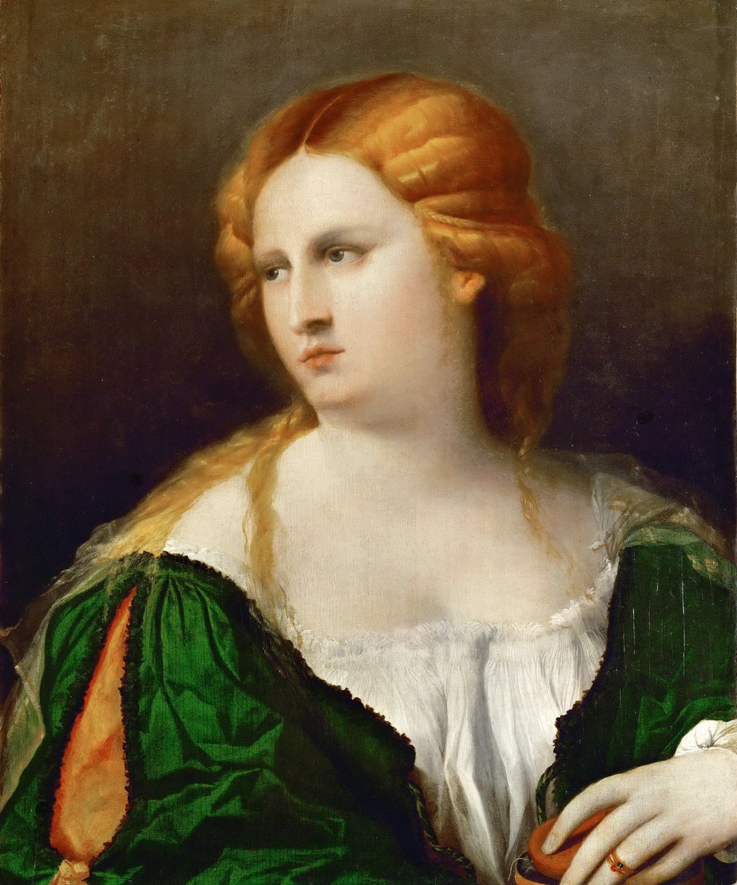 Jonge vrouw in een groene jurk, een doos in haar hand, ca. 1514 door Jacopo Palma il Vecchio the Elder